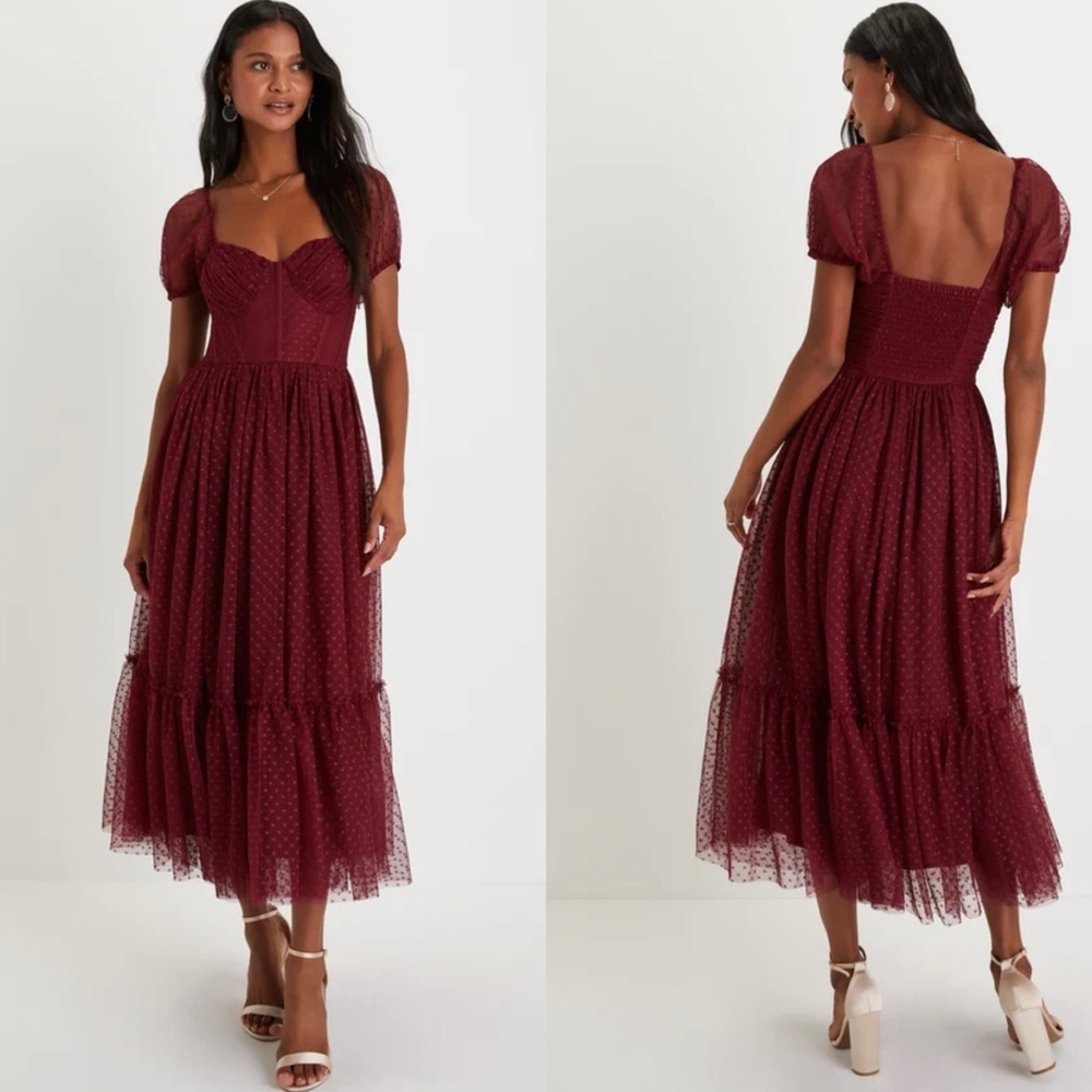 NWT Lulus Sweet Amor Burgundy Tulle Swiss Dot Tiered Bustier Midi Dress